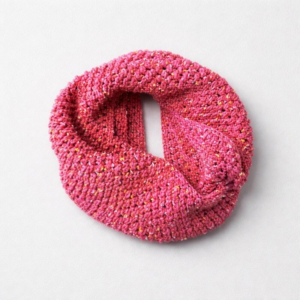 Hand Crocheted Infinity Scarf Shawl Cowl Pink with Yellow Specks Puff Stitch